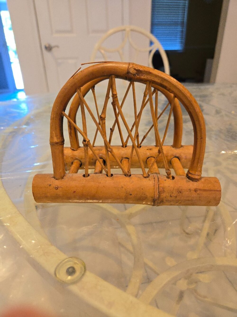 Vintage 1970s Burnt Bamboo Napkin Holder Boho Rattan Letter Stand Desk Sorter
